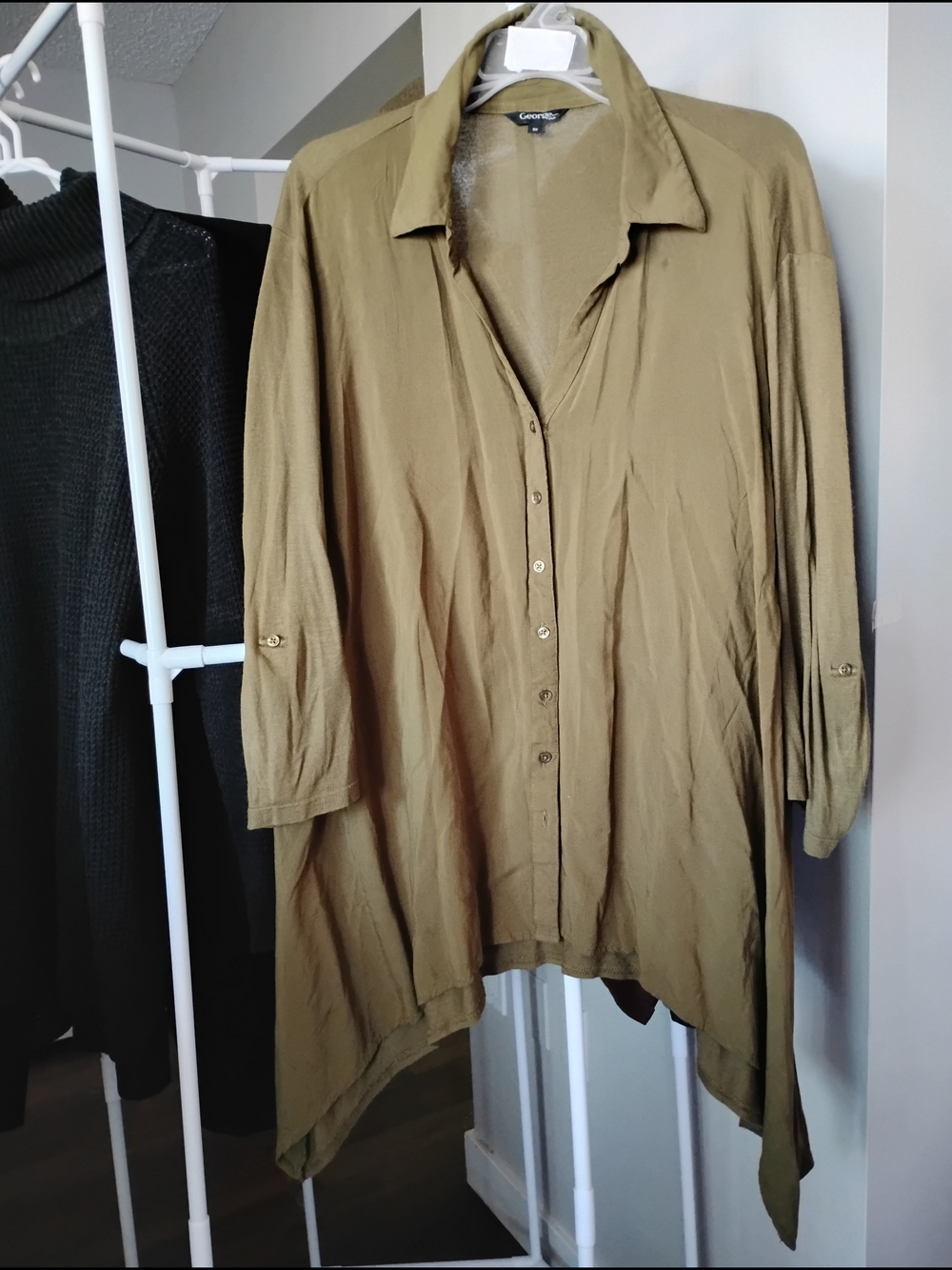 George Olive Green Collard Button-Front 3/4 Sleeve Tunic Blouse Top